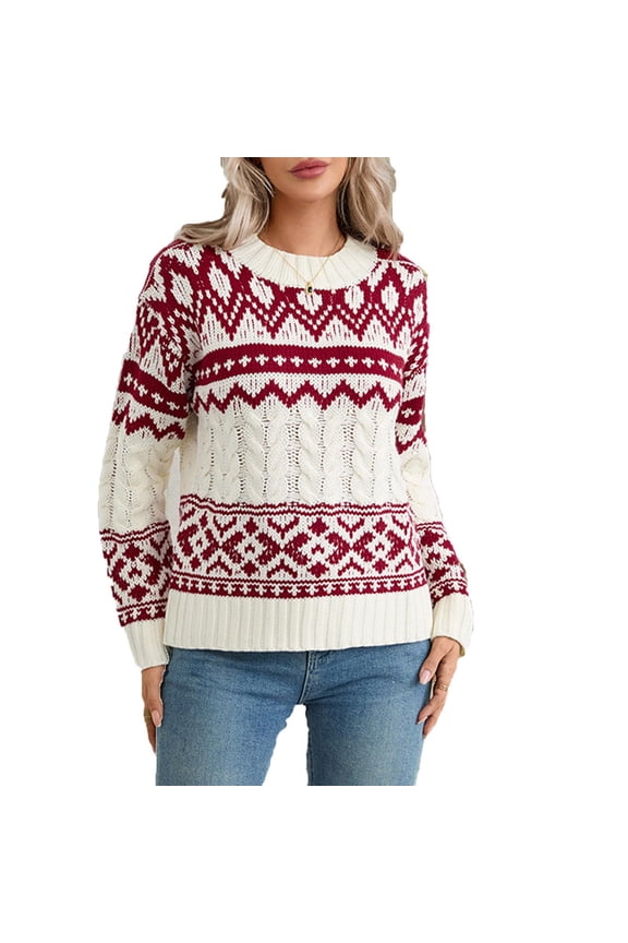Womens Sweaters Red Winter Pullover Fair Isle Crewneck Work Long Sleeve Tops for Adults Cable Knit
