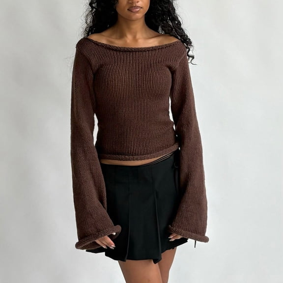 EchfiProm Womens Sweaters Winter Pullover Off The Shoulder Valentines Brown Ribbed Tops for Adults Slim Fit