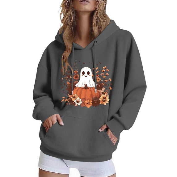 EchfiProm Womens Sweatshirt Gray Pullover Long Sleeve Ghost Print Hooded Oversized with Pocket Tops for Ladies 3XL