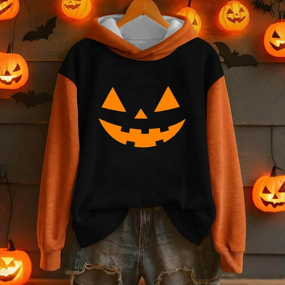 EchfiProm Womens Sweatshirt Heavyweight Hooded Pullover Black Drop Shoulder Pumpkin Print Long Sleeve Tops for Ladies Fall L