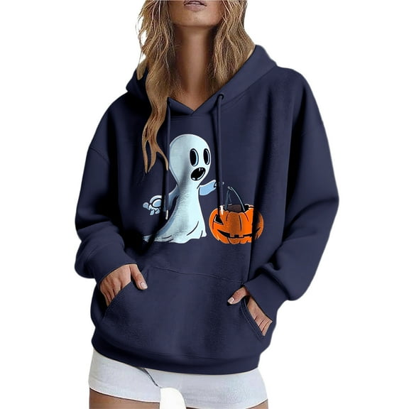 EchfiProm Womens Sweatshirt Hooded with Pocket Oversized Ghost Print Blue Pullover Tops for Ladies Long Sleeve S