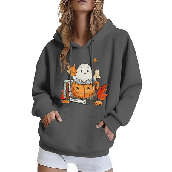 EchfiProm Womens Sweatshirt with Pocket Gray Hooded Ghost Print Oversized Long Sleeve Tops for Ladies Soft L