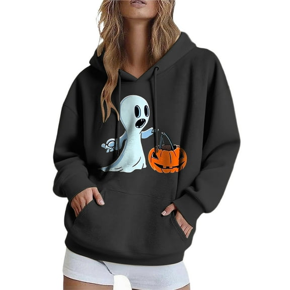 EchfiProm Womens Sweatshirt with Pocket Oversized Pullover Black Ghost Print Long Sleeve Tops for Ladies Hooded L