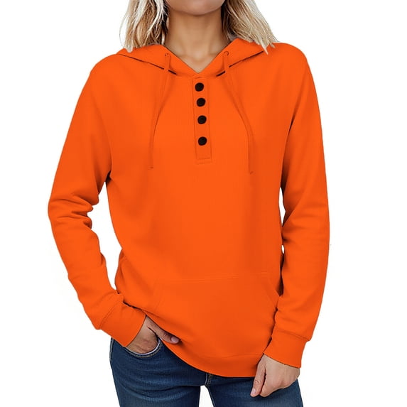 EchfiProm Womens Sweatshirt with Pockets Ribbed Hooded Hoodies Orange Pullover Casual Plain Tops for Ladies Long Sleeve