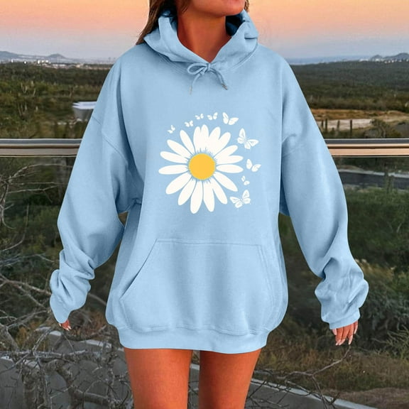 EchfiProm Womens Sweatshirt with Pockets Trendy Floral Hoodies Pullover Blue Hooded Oversized Long Sleeve Tunic Tops for Ladies