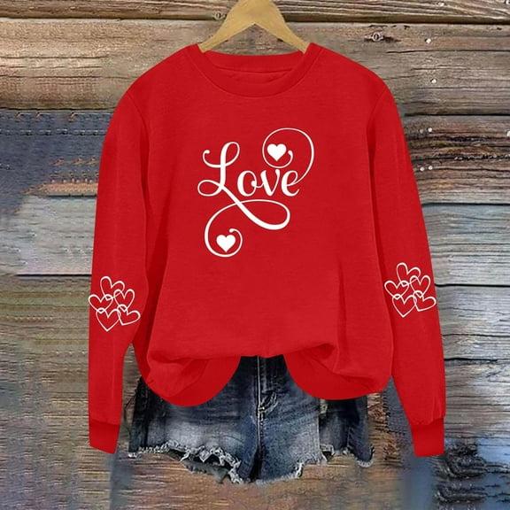 EchfiProm Womens Sweatshirts Crewneck Red Pullover Oversized Graphic Love Long Sleeve Valentine Shirs for Ladies Valentine Day