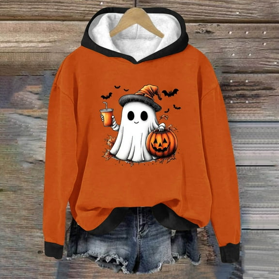 EchfiProm Womens Sweatshirts Hooded Pullover Black Heavyweight Long Sleeve Ghost Print Tops for Ladies S