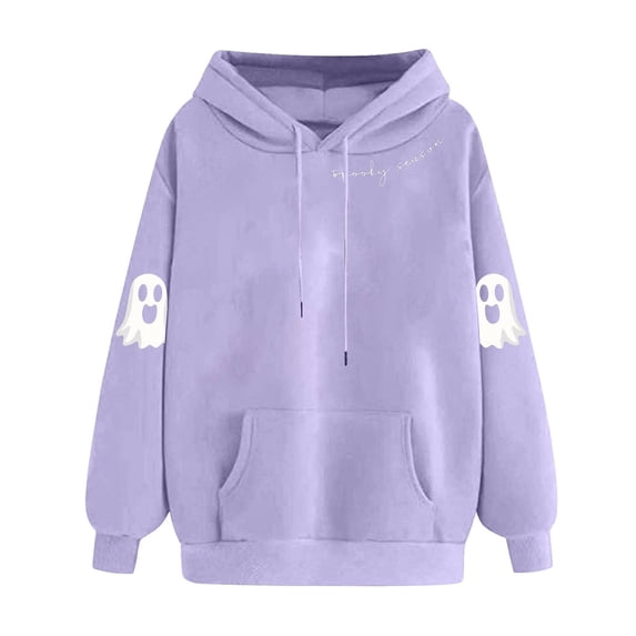 EchfiProm Womens Sweatshirts Purple Oversized Hooded Ghost Print Pullover Long Sleeve Tops for Ladies Soft 2XL