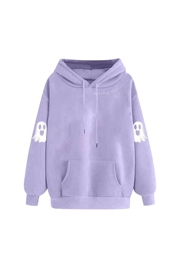 Womens Sweatshirts Purple Oversized Hooded Ghost Print Pullover Long Sleeve Tops for Ladies Soft 2XL