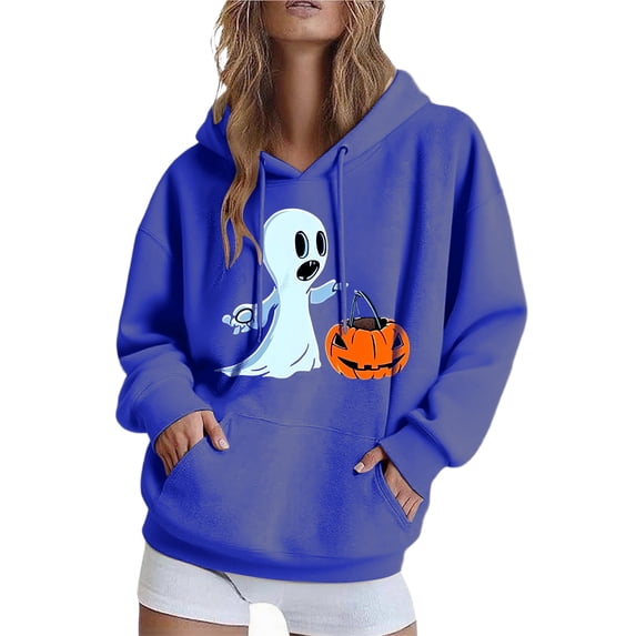 EchfiProm Womens Sweatshirts with Pocket Hooded Oversized Blue Ghost Print Casual Long Sleeve Tops for Ladies XL