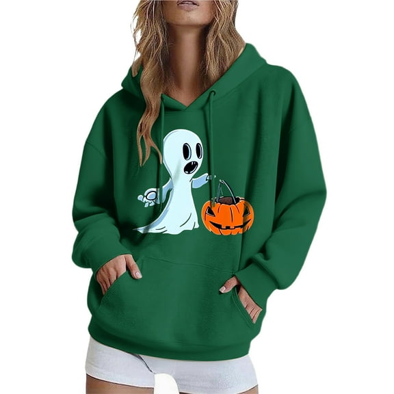 EchfiProm Womens Sweatshirts with Pocket Oversized Green Ghost Print Long Sleeve Pullover Tops for Ladies Trendy M