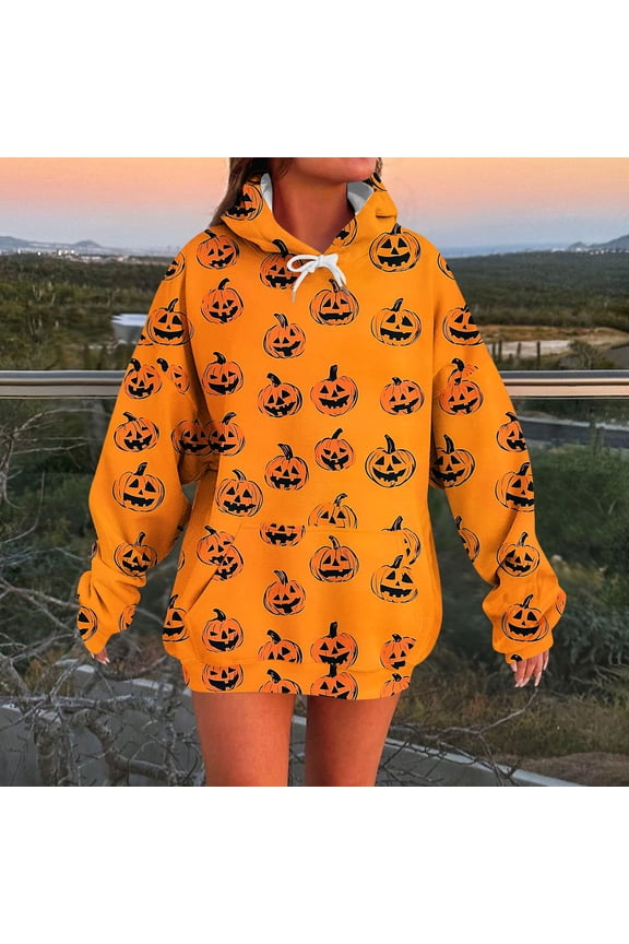 Womens Sweatshirts with Pocket Oversized Pumpkin Print Pullover Casual Orange Long Sleeve Tops for Ladies 2XL
