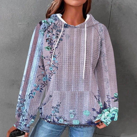 EchfiProm Womens Sweatshirts with Pockets Cute Hoodies Hooded Vintage Blue Waffle Pullover Tops for Womem Long Sleeve