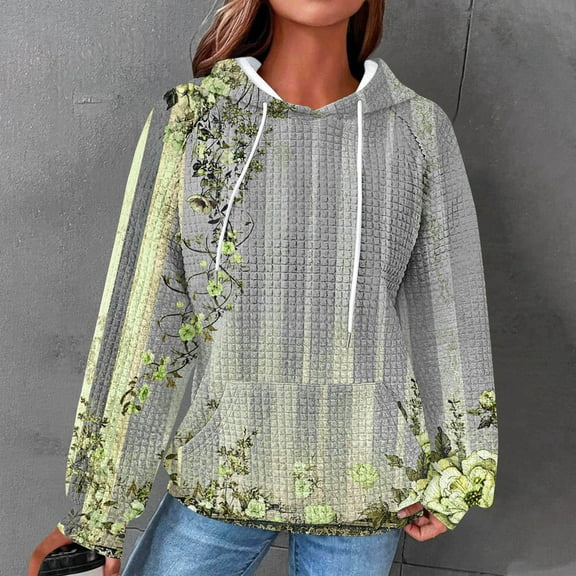 EchfiProm Womens Sweatshirts with Pockets Hooded Yellow Hoodies Waffle Vintage Pullover Comfy Long Sleeve Tops for Womem