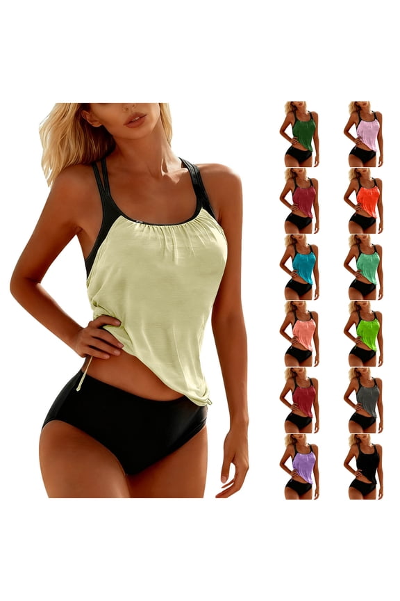 Womens Swimsuit Two Piece Swimwear Vacation High Waisted Tankini Beige Bathing Suits for Young Women High Cut