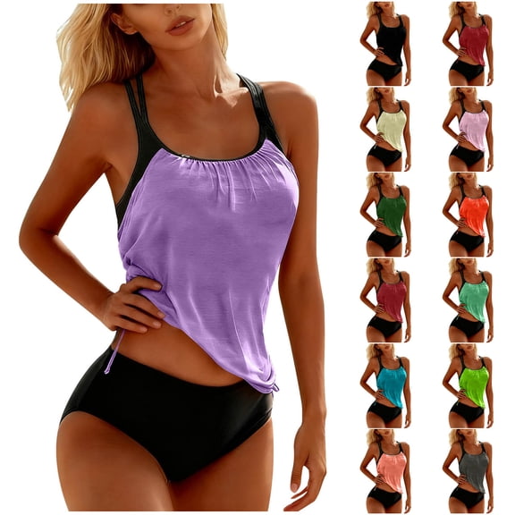 EchfiProm Womens Swimsuits Tankini Swimwear Two Piece High Waisted Modest Purple Bathing Suits for Ladies