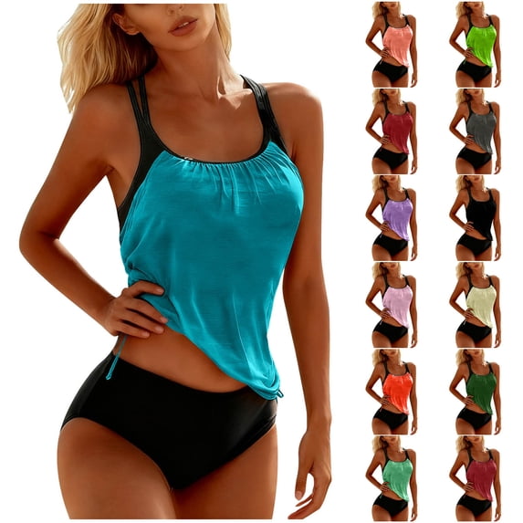 EchfiProm Womens Swimsuits Two Piece Swimwear Tankini Blue High Cut High Waisted Bathing Suits for Adult