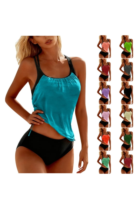 Womens Swimsuits Two Piece Swimwear Tankini High Waisted Blue Modest Bathing Suits for Ladies