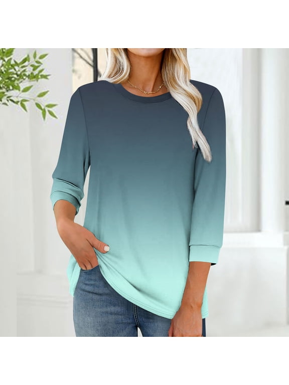 Womens T-Shirts Dressy Casual Crew Neck Tops Green 3/4 Sleeve Pullover Loose for Ladies Trendy