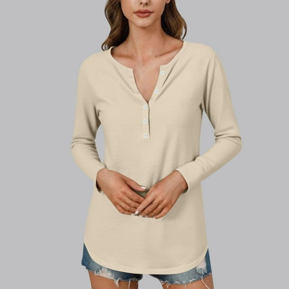 EchfiProm Womens T-Shirts Khaki Slit Neck Tops Long Sleeve Relaxed Fit Pullover Winter Solid for Ladies