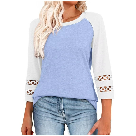 EchfiProm Womens T-Shirts Light Blue Tops Crew Neck Fall 3/4 Sleeve Pullover Colorblock for Ladies