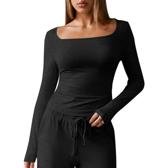 EchfiProm Womens T-Shirts Slim Black Tops Basic Pullover Winter Long Sleeve Solid for Ladies Square Neck