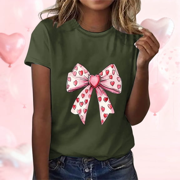 EchfiProm Womens T shirts Valentine Day Graphic Tee Valentine Bow Print Crew Neck Cute Shirts for Adult