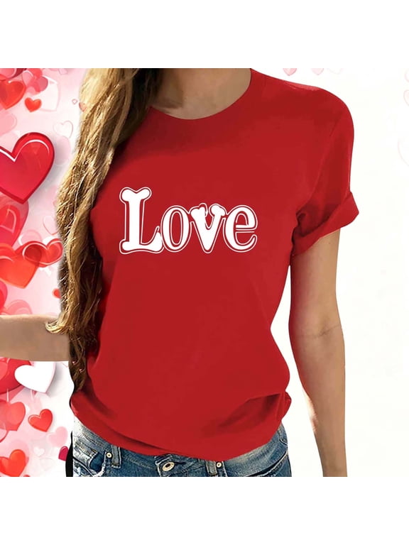 Womens T shirts Valentine Day Graphic Tees Short Sleeve Crewneck Cute Love Plus Size Tops for Women Red
