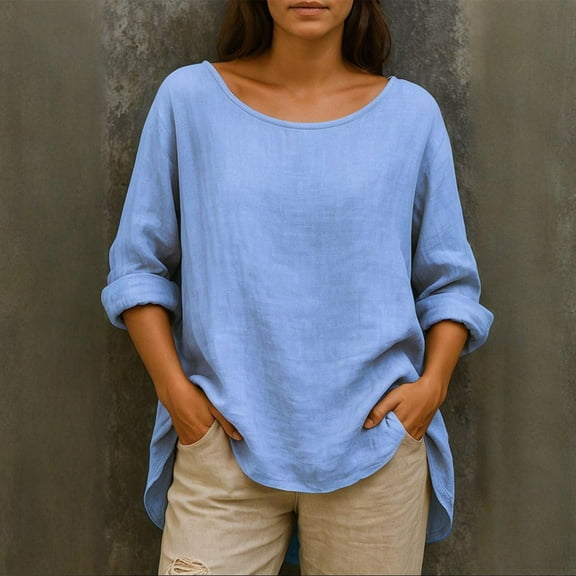 EchfiProm Womens Tops Blue Long Sleeve Blouse Cotton Linen Loose Winter Shirts for Womens Crew Neck