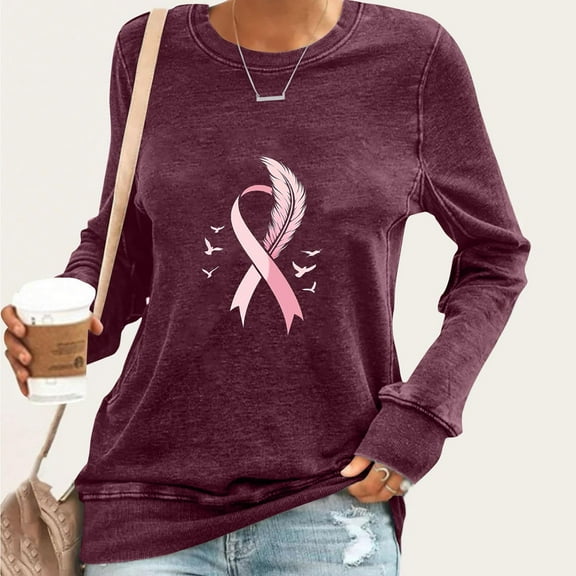 EchfiProm Womens Tops Fall Pullover Wine Breast Cancer Long Sleeve Relaxed Fit T-Shirt for Ladies Crew Neck