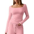 thumbnail image 1 of EchfiProm Womens Tops Fall Slim T-Shirts Basic Square Neck Pink Pullover Long Sleeve for Ladies, 1 of 7