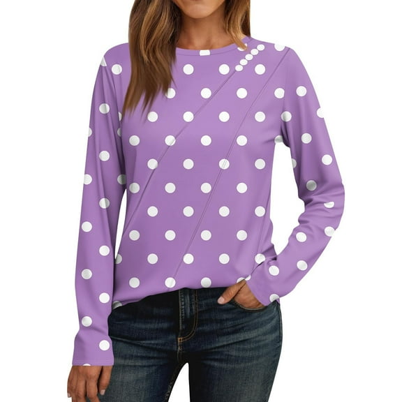 EchfiProm Womens Tops Long Sleeve Pullover Crew Neck Y2k Purple Polka Dot T-Shirt for Ladies Relaxed Fit