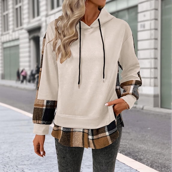 EchfiProm Womens Trendy Sweatshirt Hooded Pullover Hoodies Beige Plaid Patchwork Long Sleeve Tops for Womem