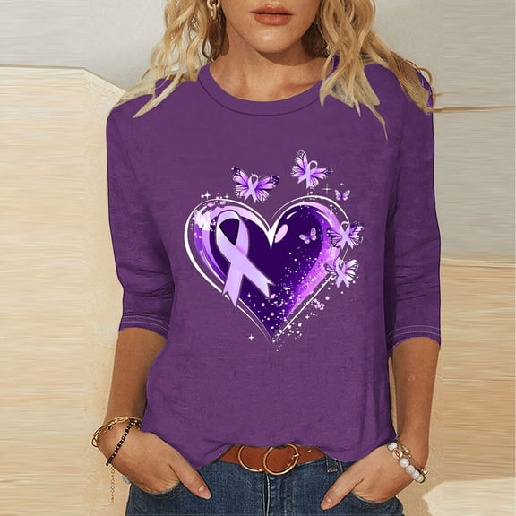 EchfiProm Womens Tshirts Purple Breast Cancer 3/4 Sleeve Pullover Casual Crew Neck Loose Fit Shirts