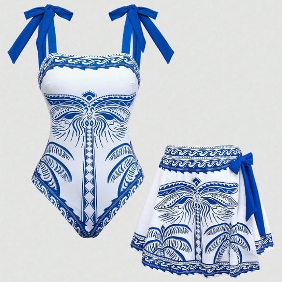 EchfiProm Womens Two Piece Swimsuits Tummy Control One Piece Swimwear with Skirt Modest Blue Bikini Bathing Suits for Adult