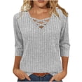 thumbnail image 1 of EchfiProm Womens V-Neck Tops Fall Relaxed Fit T-Shirts 3/4 Sleeve Gray Pullover Solid for Women Ribbed, 1 of 7