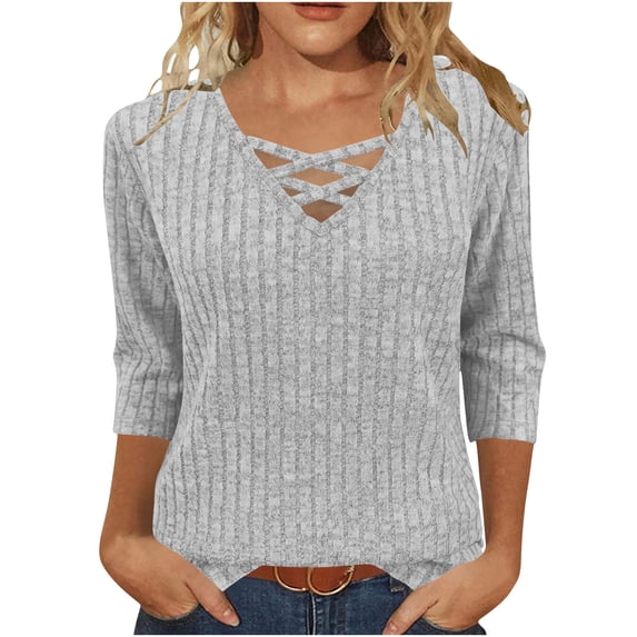 EchfiProm Womens V-Neck Tops Fall Relaxed Fit T-Shirts 3/4 Sleeve Gray Pullover Solid for Women Ribbed
