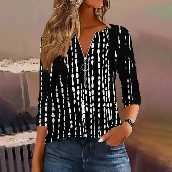 EchfiProm Womens V-Neck Tops Trendy Relaxed Fit Pullover Half Zip Black Long Sleeve Graphic T-Shirt for Womens