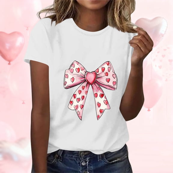 EchfiProm Womens Valentine Shirts Graphic Tee Valentine Day White Bow Print Short Sleeve Summer Plus Size Tops for Lover Cute