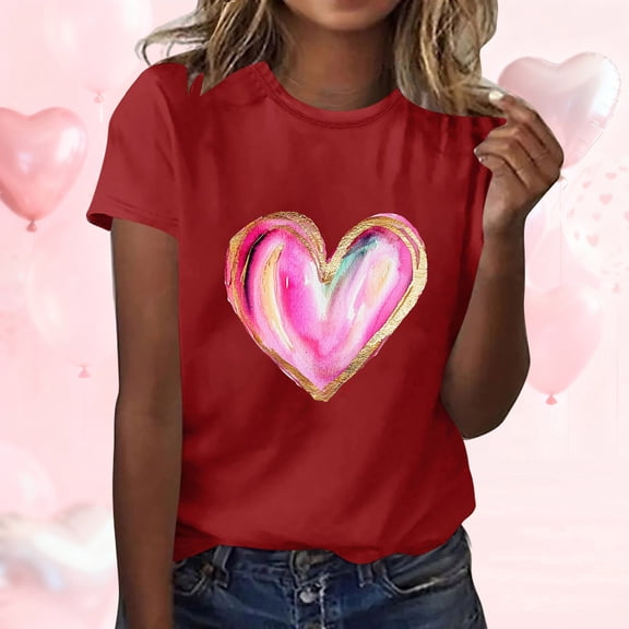 EchfiProm Womens Valentine Shirts Love Heart Graphic Tee Valentine Day Casual Short Sleeve Red Tops for Adult Cute