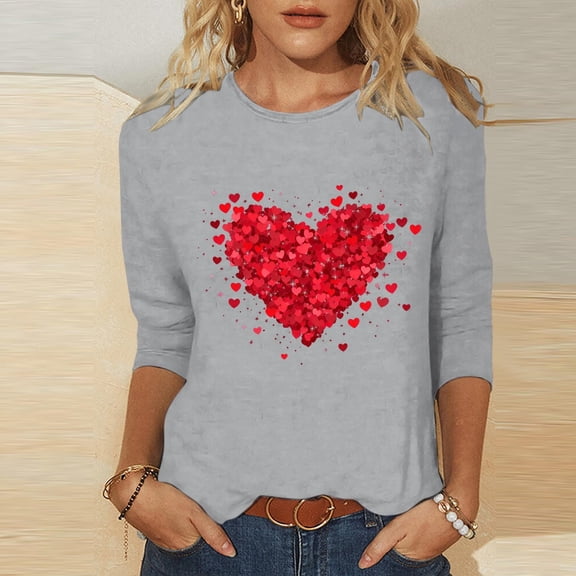 EchfiProm Womens Valentine Shirts T-Shirt Love Heart Plus Size Valentines Day Gray Romantic Top for Ladies