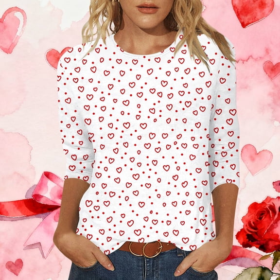 EchfiProm Womens Valentine Shirts Valentines Day Graphic Tees White Love Heart 3/4 Sleeve Casual Tops for Ladies