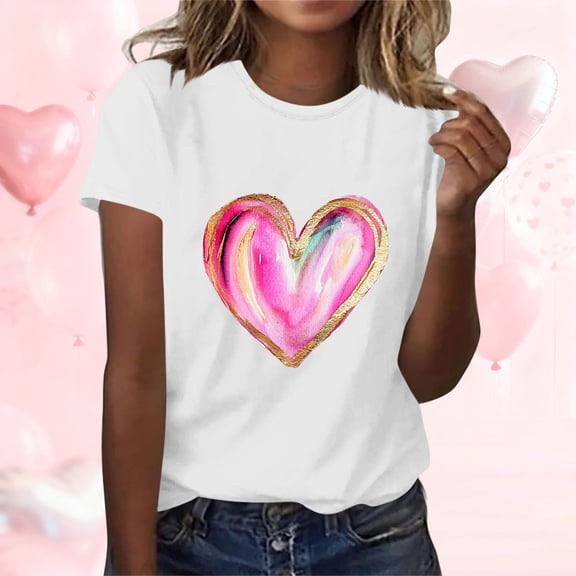 EchfiProm Womens Valentine T shirts Graphic Tee Valentine Day Casual Love Heart Short Sleeve White Cute Shirts for Lover