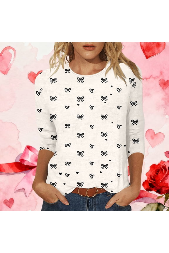 Womens Valentines Day Shirts Bow Print Graphic Tees Romantic Plus Size White Valentine Tops for Ladies