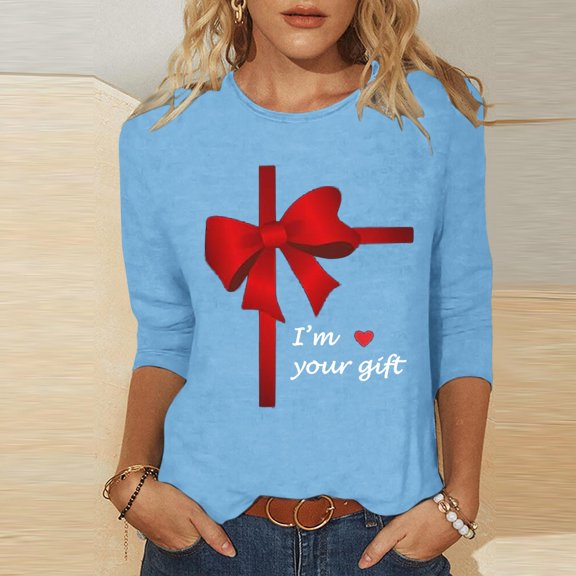 EchfiProm Womens Valentines Day Shirts T-Shirt Bow Print 3/4 Sleeve Cute Holiday Top for Ladies Valentine