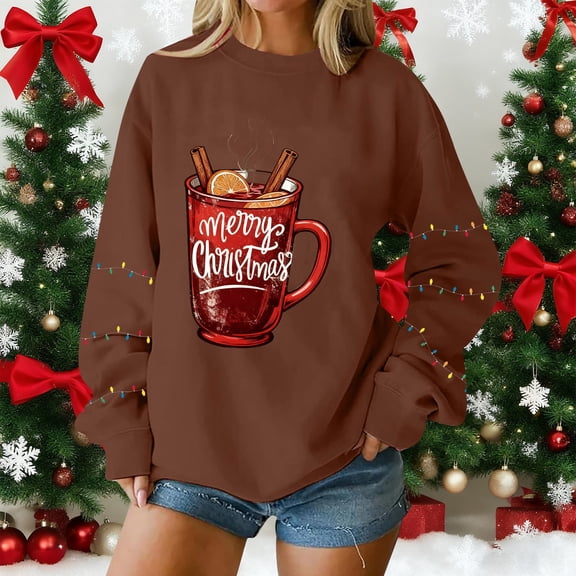 EchfiProm Womens Vintage Christmas Sweatshirts Sweatshirt Soft Oversized Long Sleeve Reindeer Xmas Tops for Adult