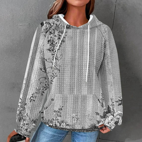 EchfiProm Womens Vintage Sweatshirt Waffle Cute Hoodies with Pockets Gray Long Sleeve Hooded Tops for Womem