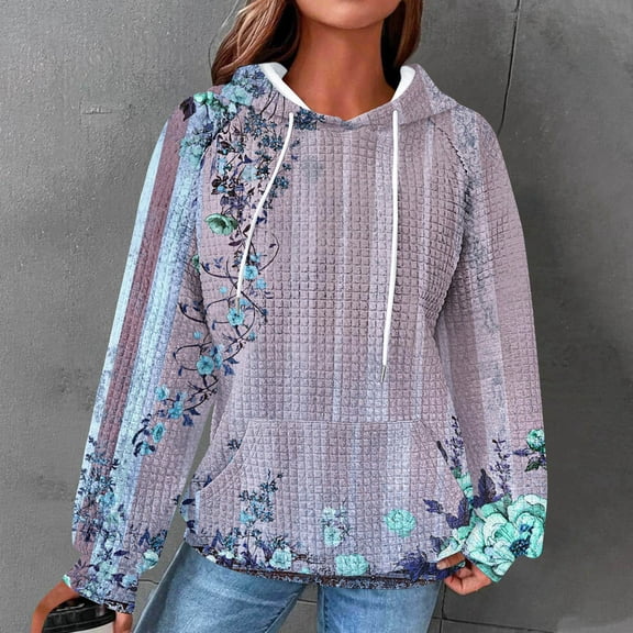 EchfiProm Womens Vintage Sweatshirts Waffle Comfy Hoodies with Pockets Hooded Pullover Blue Tops for Womem