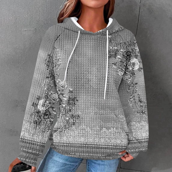 EchfiProm Womens Waffle Sweatshirts Pullover Hooded Hoodies Soft with Pockets Floral Tops for Ladies Gray