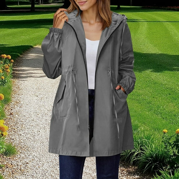EchfiProm Womens Waterproof Rain Jacket Windproof Gray Travel Multipocket Zip-up Hooded Outwear